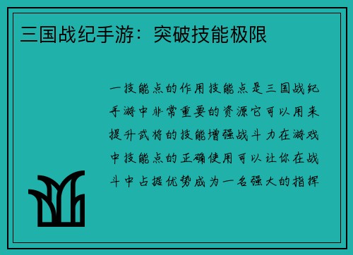 三国战纪手游：突破技能极限